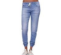 Women's Denim Jogger Drawstring Elastic Waist Ankle Cuff Jeans Pants Pull-on Distressed Denim Trousers with Pockets