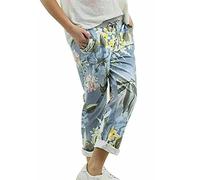 Women's Denim Jogger Sweatpants with Drawstring Casual Summer Gym Trousers Ribbed Waistband Multi Floral and Tartan Prints Italian Cotton Exercise and Jogging Bottoms Tropical Light Denim 16-18