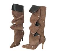 Womens Denim Knee High Boots In A Sexy Design With Pleated Detail And A Button Strap Accent Featuring A Pointed Toe And High Thin Heels For A Striking Look