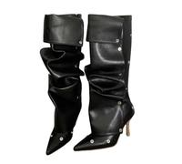 Womens Denim Knee High Boots In A Sexy Design With Pleated Detail And A Button Strap Accent Featuring A Pointed Toe And High Thin Heels For A Striking Look