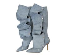 Womens Denim Knee High Boots In A Sexy Design With Pleated Detail And A Button Strap Accent Featuring A Pointed Toe And High Thin Heels For A Striking Look