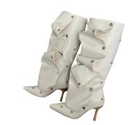 Womens Denim Knee High Boots In A Sexy Design With Pleated Detail And A Button Strap Accent Featuring A Pointed Toe And High Thin Heels For A Striking Look