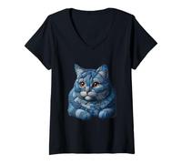 Womens Denim Patchwork Cat Cute Creative Animal V-Neck T-Shirt