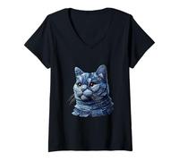 Womens Denim Patchwork Cat Cute Creative Animal V-Neck T-Shirt