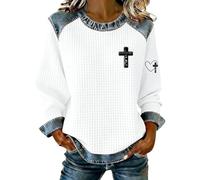 Women's Denim Patchwork Long Sleeve Tops Crew Neck Christian Cross Print Pullover Sweatshirt Waffle Knit Ladies Blouses, White, 4XL