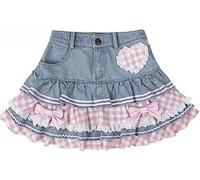 Women's Denim Patchwork Plaid Heart Embroidery Kawaii Ruffled High-Waisted Mini Skirt Y2K Bow Decorative Fluffy Cute Sweet Half Skirt (Blue,XXL)
