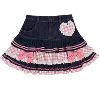 Women's Denim Patchwork Plaid Heart Embroidery Kawaii Ruffled High-Waisted Mini Skirt Y2K Bow Decorative Fluffy Cute Sweet Half Skirt