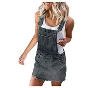 Womens Denim Pinafore Dungaree Dress - Adjustable Straps Ripped Bib Overalls with Pockets - Casual Summer Jeans Mini Dresses Plus Size Ladies Holiday Beach Festival Short Playsuit Romper