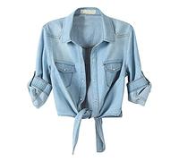 Women's Denim Shirt Tie Waist Blue Short Jacket Women Shirts Polyester Blouse Button Collar Top Long Sleeve Summer Top Tunic Short Blouses Trendy Shirt Custom Tops, Blue, M
