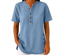 Womens Denim Shirts Button Up V Neck Henley Shirt Short Sleeve Blouses Side Split Button Casual Pullover Loose Tunic Tops Summer Denim Blouse Vintage Jean Shirts Going Out Tops