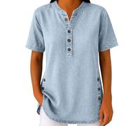 Womens Denim Shirts Button Up V Neck Henley Shirt Short Sleeve Blouses Side Split Button Casual Pullover Loose Tunic Tops Summer Denim Blouse Vintage Jean Shirts Going Out Tops