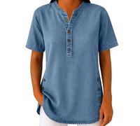 Womens Denim Shirts Button Up V Neck Henley Shirt Short Sleeve Blouses Side Split Button Casual Pullover Loose Tunic Tops Summer Denim Blouse Vintage Jean Shirts Going Out Tops