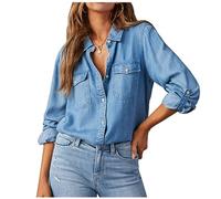 Women's Denim Shirts Jacket,Ladies Solid Color Retro Long Sleeve Jean Western Button Down Blouses,Fall Winter Outdoor Casual Loose Cowboy Tunic Tops Comfort Lightweight Coats with Pocket,UK Size S-XXL