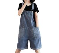 Women's Denim Short Jumpsuit Casual Dungarees Jumpsuit Vintage Sleeveless Y2K Baggy Overalls with Wide Leg Adjustable Straps Knee Length Cargo Pants with Pockets(Blue,S)