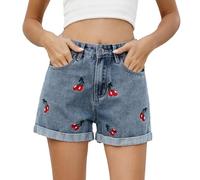 Womens Denim Shorts Embroidered Jeans Elastic High Waisted Rolled Hem Jean Shorts Vintage Stretchy Classic Jeans with Pockets Casual Summer Short Hot Pants Boyfriend Washed Jean Streetwear Blue