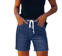 Women's Denim Shorts Lightweight Casual Baggy Trendy Hot Pants Elastic Waist Drawstring Comfy Short Pants Flattering Slimming Jean Shorts for Summer Casual Travel