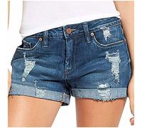 Womens Denim Shorts Rolled Hem Hot Mid Waisted Ripped Pants Shorts Summer Jeans Short Hot Pants with Pockets Stretchy Cotton Casual Slim Skinny Pants Jeggings Size 8-16 Dark Blue