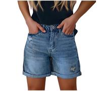 Women's Denim Shorts Summer Casual Ripped Jean Shorts Classic Fit Turned Hem Sexy Ladies Short Jeans Denim Hot Pants with Pockets
