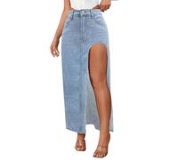Women's Denim Skirt, Casual, High Waist, Split Hem, Raw Trim, Midi Denim Skirts with Slit, Denim Skirt, Women's Midi, Denim Skirt, Long, Midi Skirt, Denim A Line Denim Skirts, Light blue, M