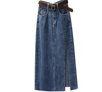 Womens Denim Skirts Midi Jean Skirt with Belt High Waist Slit Front 4 Pockets Cotton Stretch Mid Wash Fitted A Line Casual Smart Work Office Cropped Skirts for Women Ladies Girls Loose Fit Wear