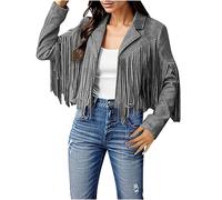 Women's Denim Tassel Jacket, Tassel Waistcoat Women Vintage Lapel Long Sleeve Fringe Cropped Hippie Motor Biker Cardigan Outwear Grey M