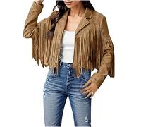Women's Denim Tassel Jacket Vintage Lapel Long Sleeve Fringe Cropped Hippie Jackets Country And Western Cow Girl Outfit Comfortable Lightweight Denim Cowgirl Waistcoat For Women UK