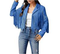Women's Denim Tassel Jacket Vintage Lapel Long Sleeve Fringe Cropped Hippie Jackets Country And Western Cow Girl Outfit Comfortable Lightweight Denim Cowgirl Waistcoat For Women UK