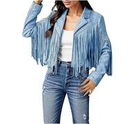 Women's Denim Tassel Jacket Vintage Lapel Long Sleeve Fringe Cropped Hippie Jackets Country And Western Cow Girl Outfit Comfortable Lightweight Denim Cowgirl Waistcoat For Women UK