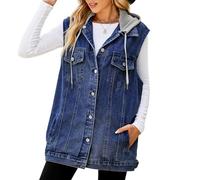Women's Denim Vest Oversized Distressed Jean Vest Multiple Pockets Sleeveless Street Waistcoat with Detachable Hood