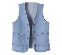 Womens Denim Waistcoat - Women's Sleeveless Button Down Waist Coat Casual Denim Vest Plus Size Gilet Ladies Jeans Jacket V Neck Cowgirl Outfits