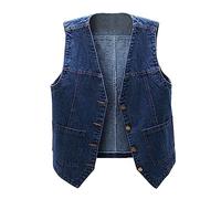 Womens Denim Waistcoat, Women's Sleeveless Casual Denim Vest V Neck Button Down Waist Coat Plus Size Gilet Ladies Jeans Jacket Cowgirl Outfit Dark Blue XL