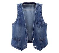 Womens Denim Waistcoat - Women's Sleeveless Waist Coat Casual Denim Vest Plus Size Gilet Ladies Jeans Jacket V Neck Button Down Cowgirl Outfits