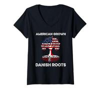 Womens Denmark Flag USA Flag American Grown Danish Roots V-Neck T-Shirt