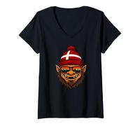 Womens Denmark Troll with Beanie and Mountain Sunset Reflection V-Neck T-Shirt