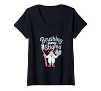 Womens Dentist "Brushing Away Stigma" Dental V-Neck T-Shirt