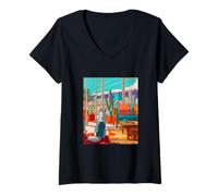 Womens Denver Husky Dog City Skyline Retro Art V-Neck T-Shirt