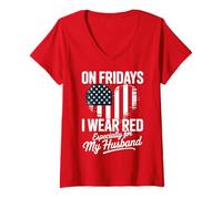 Women's Deployed Military Spouse Red Fridays for Husband Support V-Neck T-Shirt