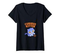 Womens Derpy Curious Kitten with Plant Vase Funny Cat Graphic V-Neck T-Shirt