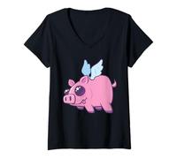Women's Derpy Kawaii Flying Piggy Cutie V-Neck T-Shirt