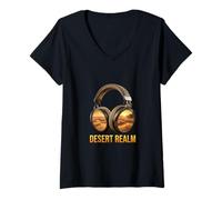 Women's Desert Realm Headphones Sand Dunes Adventure V-Neck T-Shirt