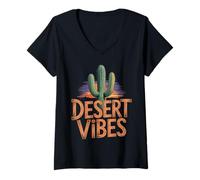 Womens Desert Vibes Cactus Graphic, Southwestern Sunset Mood V-Neck T-Shirt