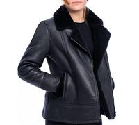 Womens Designer Tan Sheepskin Bomber Flying Real Leather Jacket - Womens Casual Black Genuine Sheepskin Flying Shearling Faux Fur Biker Leather Jacket
