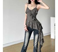Women's Desire Style Slim Fit Camisole Vest with Lotus Lace and Distressed Features for Summer and Vacation (S Gray)