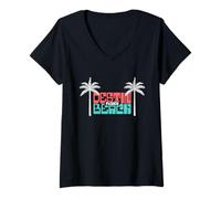 Womens Destin Florida Beach Palm Tree Summer Retro Vacation V-Neck T-Shirt