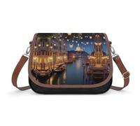 Women's Detachable Strap PU Leather Shoulder Bag Beautiful Venice at Night Printed with Inner Pocket, Fashionable Crossbody Purse for Daily Use, Giftable Designer Tote