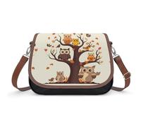 Women's Detachable Strap PU Leather Shoulder Bag Cartoon Family Owls On The Brown Tree Printed with Inner Pocket, Fashionable Crossbody Purse for Daily Use, Giftable Designer Tote