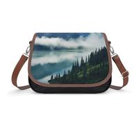 Women's Detachable Strap PU Leather Shoulder Bag Foggy Mountains Landscape Printed with Inner Pocket, Fashionable Crossbody Purse for Daily Use, Giftable Designer Tote