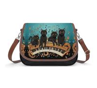 Women's Detachable Strap PU Leather Shoulder Bag Four Black Cats Lying on The Piano Keyboard Printed with Inner Pocket, Fashionable Crossbody Purse for Daily Use, Giftable Designer Tote