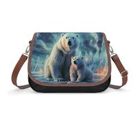 Women's Detachable Strap PU Leather Shoulder Bag Polar Bears Northern Lights Printed with Inner Pocket, Fashionable Crossbody Purse for Daily Use, Giftable Designer Tote