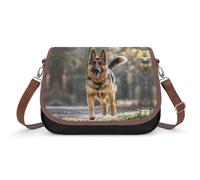 Women's Detachable Strap PU Leather Shoulder Bag Running German Shepherd Dog Printed with Inner Pocket, Fashionable Crossbody Purse for Daily Use, Giftable Designer Tote